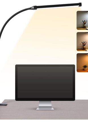 Voncerus LED Desk Lamp with Clamp, Eye-Caring Clip on Lights for Home Office, 3 Modes 10 Brightness, Long Flexible Goose-Neck, Metal, Swing Arm Architect Task Table Lamps with USB Adapter, Black