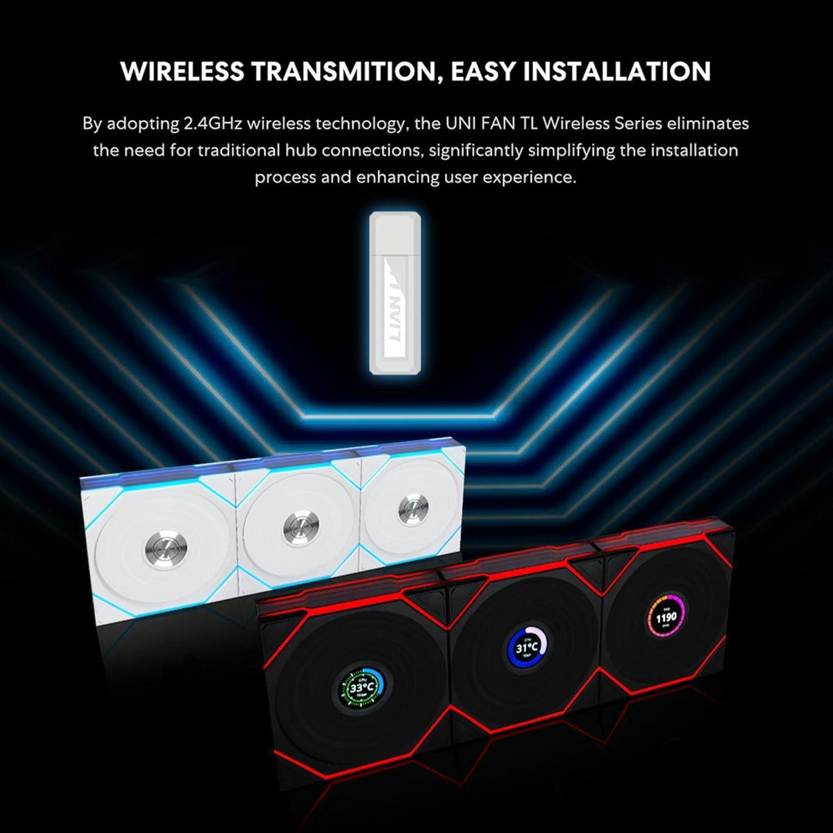 Lian Li UNI Fan TL LCD Wireless 120-Triple Pack (Reverse Blade)-2.4 GHz Wireless Signal ARGB Fan-Infinity Mirror-Daisy-Chain-Customizable Lighting-Controller Included & Required - White (12RTLLCD1W3W)