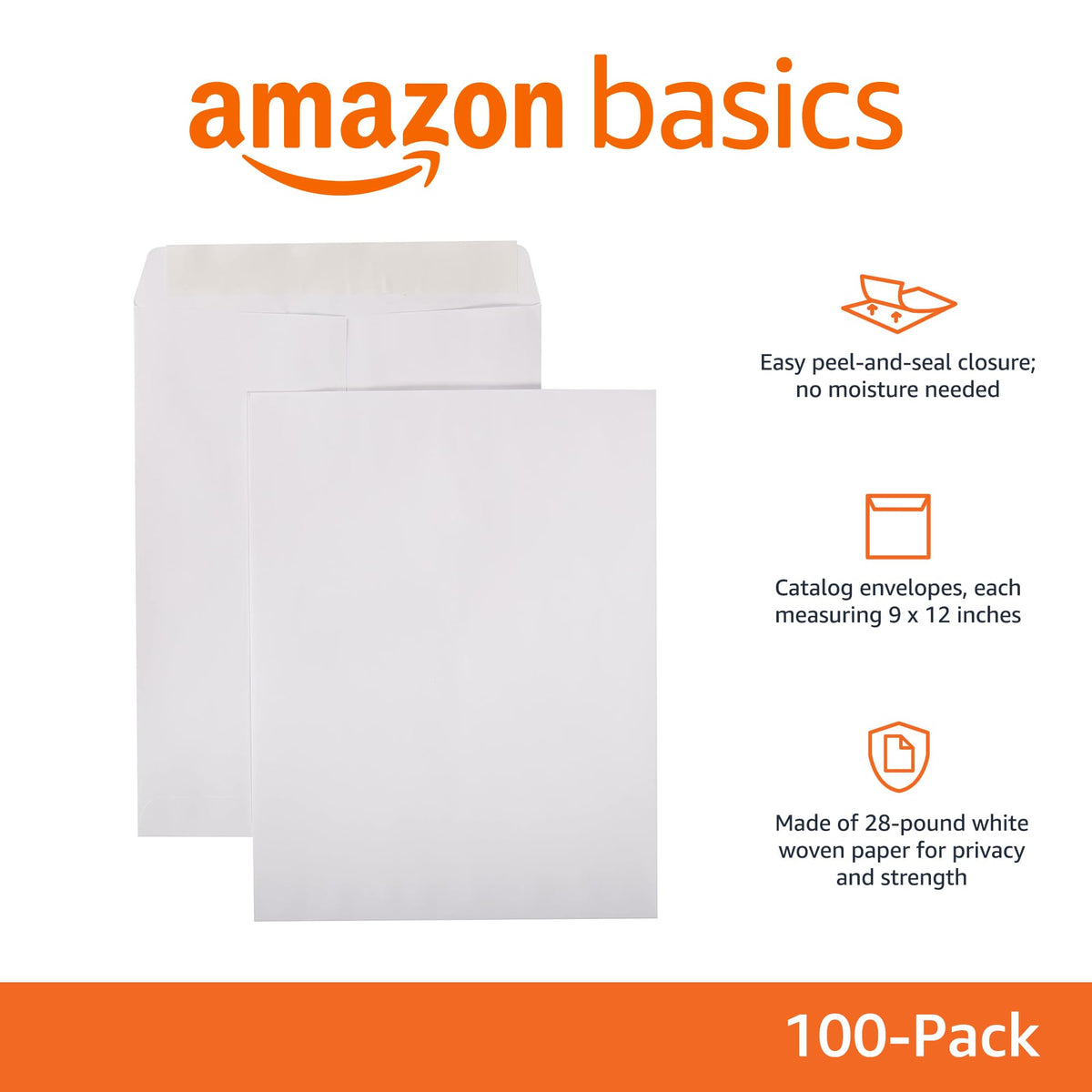 Amazon Basics Catalog Mailing Envelopes, Peel and Seal, 9x12 Inch, 100-Pack, White