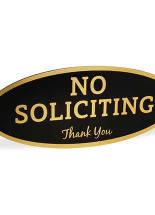 ExcelMark No Soliciting Sign for House or Business – Durable Indoor/Outdoor Sign – Easily Attach to Front Door - UV and Weather Resistant (Small - 2"x 5", Black with Gold Letters)
