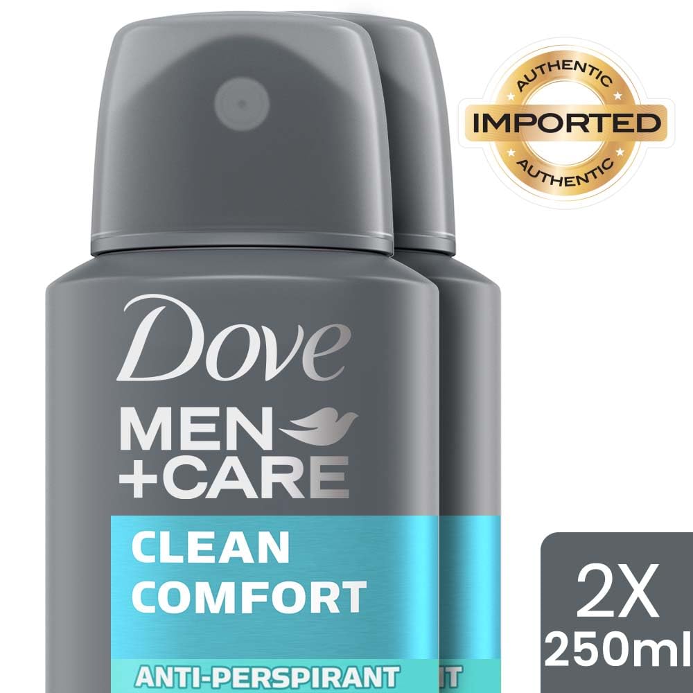 Dove Men+Care Clean Comfort Dry Spray Antiperspirant Deodorant, Up To 48 hrs Protection From Sweat & Odour, Instantly Dry for Cleaner Feel, Dermatologically Proven Formula, Soothes & Moisturises Skin, Clean, Crisp Scent, 250 ml (Pack of 2)