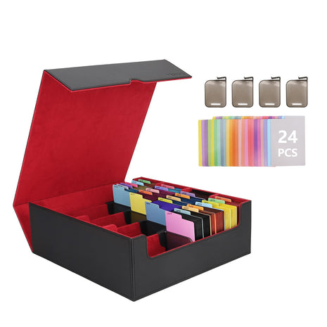 Venssu Card Storage Box For Trading Cards With Dedicated Card Supporters,3000+ Mtg Deck Box With 24 Colorful Divider Tabs,Trading Card Storage Fits For Magic Game Cards (Black and Red), FB020401