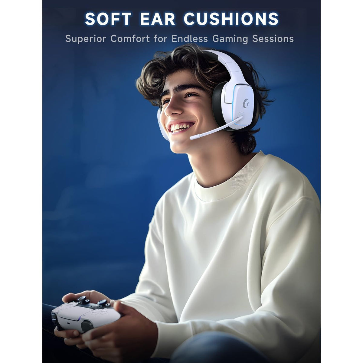 Gvyugke 2.4GHz Wireless Gaming Headsets for PS5, PS4, PC, Switch - Bluetooth 5.3 Gaming Headphones with Noise Canceling Mic, 7.1 Surround Sound, 70H Battery, Blue Lighting - White