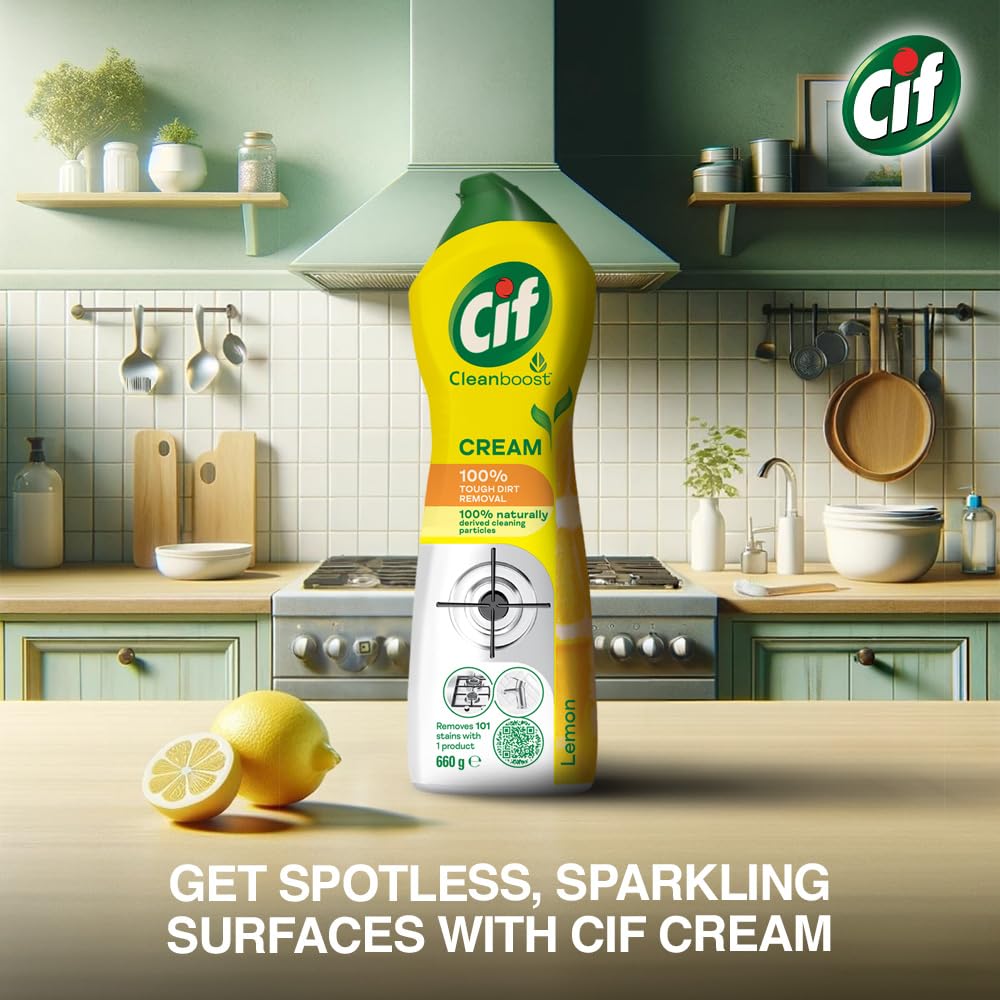 Cif Abrasive Surface Cleaner Cream, Lemon| Kitchen & Bathroom, Removes Grease, Dirt & Tough Stains with Natural Cleaning Particles, 500 ml