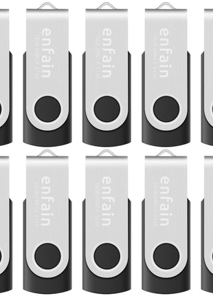 Enfain 16GB USB 2.0 Flash Drive 10 Pack | Swivel Thumb Drives with 31 Labels | Gift-Ready Packaging for Corporate Events, Office & Team Distributions (Black)