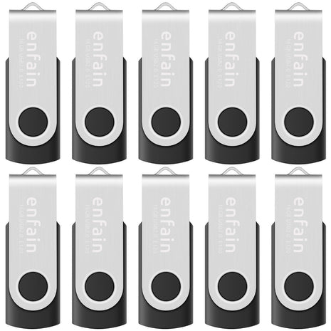 Enfain 16GB USB 2.0 Flash Drive 10 Pack | Swivel Thumb Drives with 31 Labels | Gift-Ready Packaging for Corporate Events, Office & Team Distributions (Black)