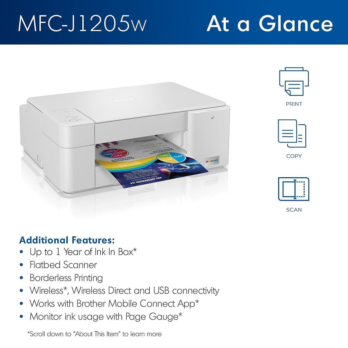 Brother MFC-J1205W INKvestment -Tank Wireless Multi-Function Color Inkjet Printer with Up to 1-Year in Box, Works with Alexa