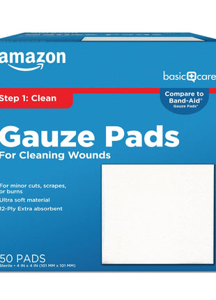 Amazon Basic Care Gauze Pads, 4x4 inches Sterile Medical Wound Dressing Sponges for Cleaning, Covering, & Cushioning Cuts & Minor Injuries, 50 Count (Pack of 1), (Previously All Health)