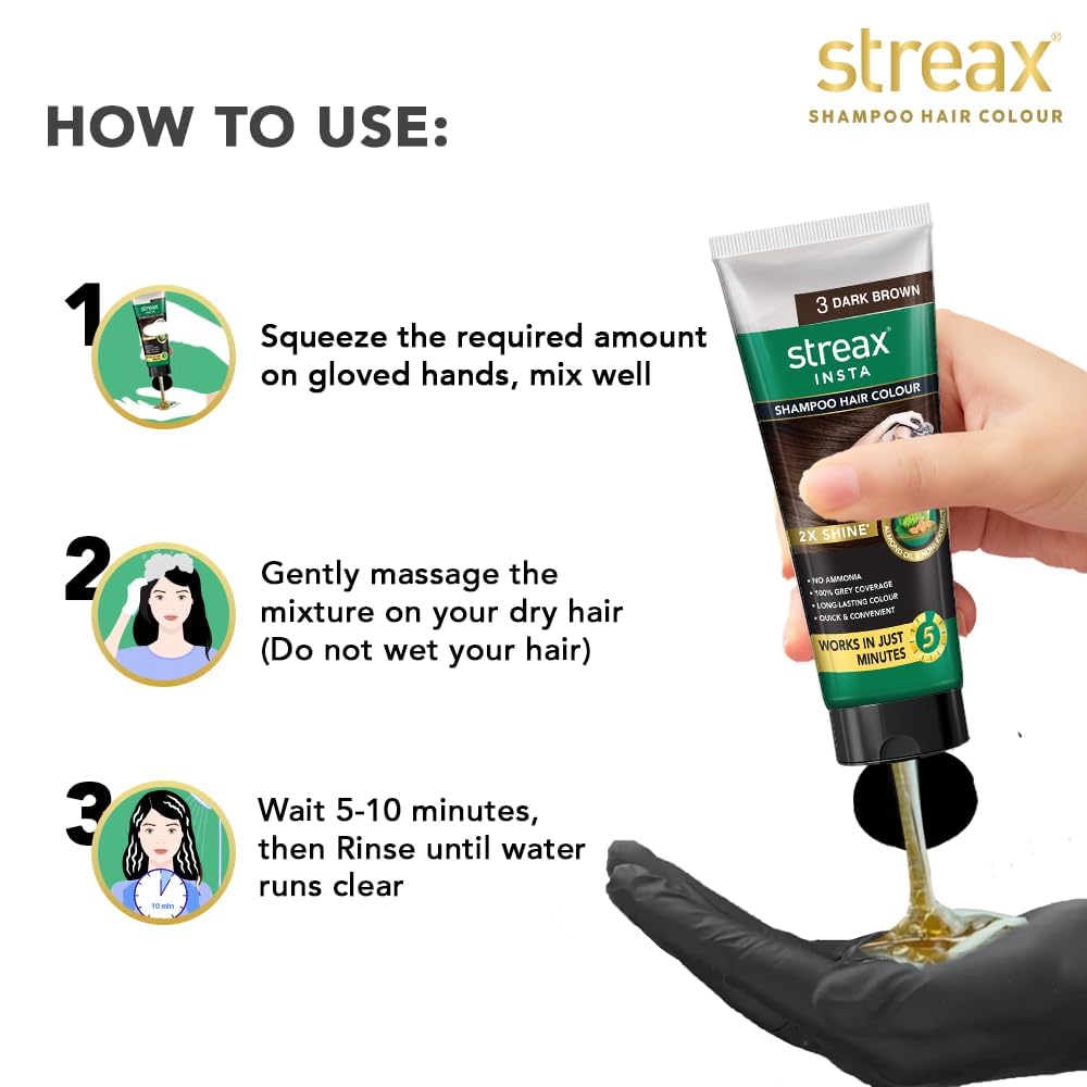 Streax Shampoo Hair Colour, 200 ml I Squeeze Pack with Natural Extracts I Hair colour for Men I Hair colour for Women I Long Lasting Formula I Colours in 5 Minutes, Dark Brown