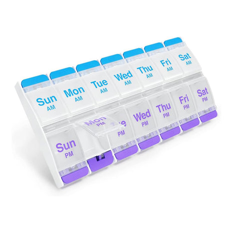 Ezy Dose Weekly (7-Day) AM/PM Pill Organizer, X-Large Case, Blue/Purple | Daily Vitamin Box & Supplement Medicine Planner, 2 Times a Day Push Button Compartments, Portable & Travel-Friendly, BPA-Free