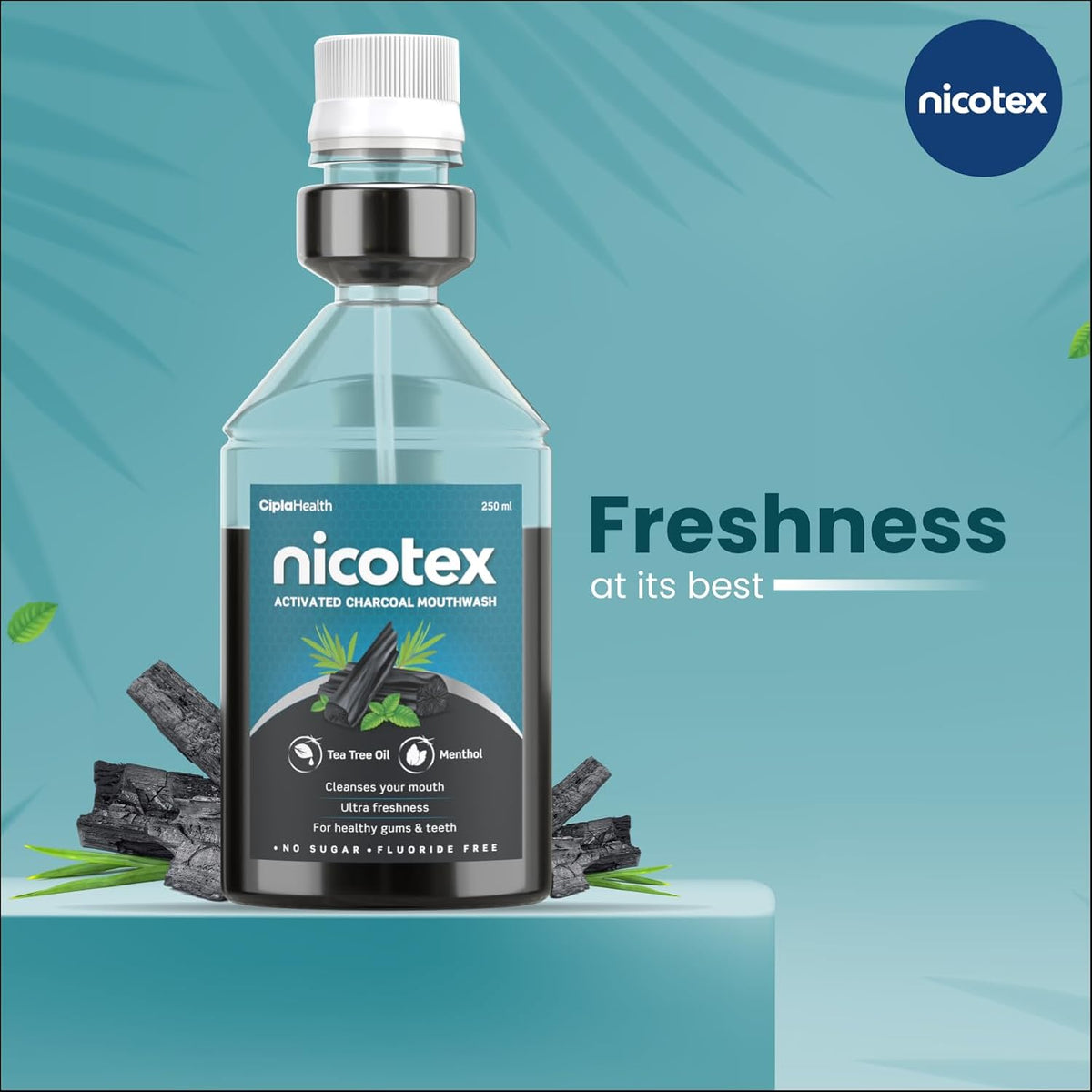 Cipla Nicotex Activated Charcoal Mouthwash | Tea Tree Oil And Menthol | Ultra Freshness With Mild Taste | For Healthy Gums And Teeth | No Sugar | Fluoride Free | 250Ml