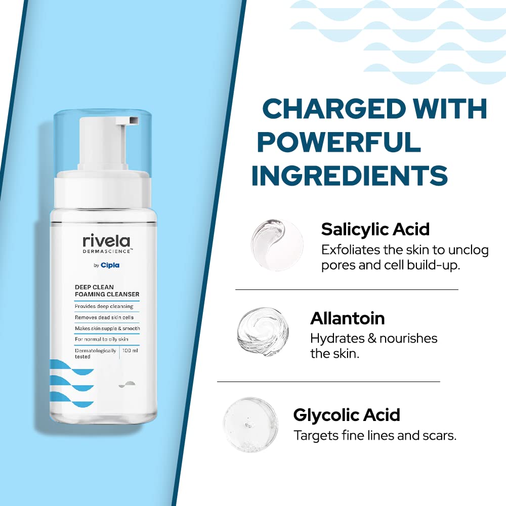 Rivela Dermascience Deep Clean Foaming Facial Cleanser By Cipla | Removes Dead Skin Cells | Makes Skin Supple and Smooth | For Normal to Oily Skin | 100 ml | Pack of 2