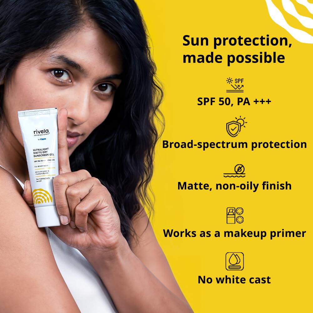 Rivela Dermascience Ultralight Matte Sunscreen Gel By Cipla | SPF 50, PA+++ | With Zinc Oxide | No White Cast | Non-Sticky Finish | For Normal to Oily Skin | 50 gm