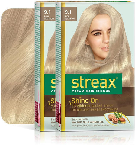 Streax Permanent Hair Colour, 100% Grey coverage, Infused with Argan and Walnut Oil, Long Lasting Cream Hair Colour for Women, Ash Hair Color, 9.1 Rich Platinum, 120 ml, Pack of 2