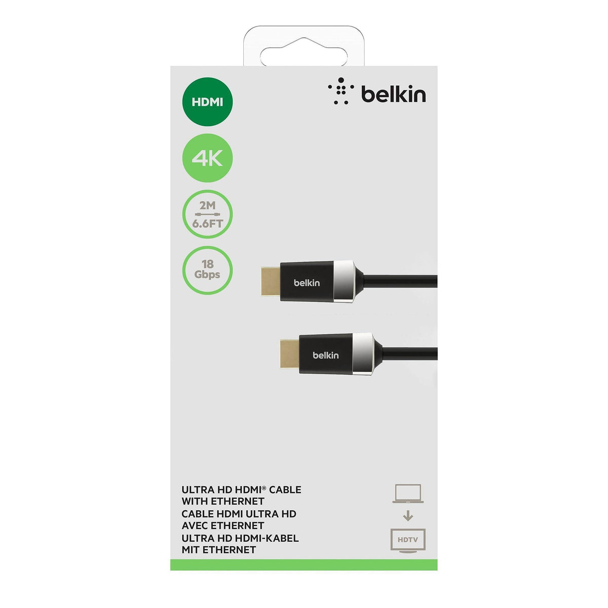 Belkin 6.6ft/2M HDTV High-Speed HDMI Cable w/Ethernet, 4K/Ultra HD, HDR, & 3D Compatibility, 18Gbps Data Transfer for Streaming, Gaming, Home Theater, Supports HDMI 2.0 for TVs, Monitors, Projectors