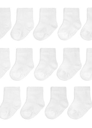 Fruit of the Loom Baby 14-Pack Grow & Fit Flex Zones Cotton Stretch Socks - Unisex, Girls, Boys (0-6 Months, White)