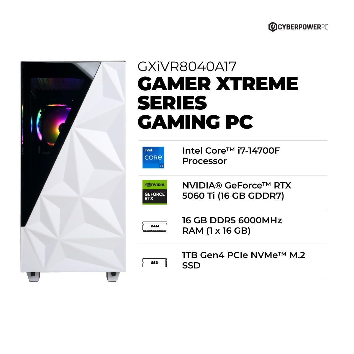 CyberPowerPC Gamer Xtreme VR Gaming PC, Intel Core i7-14700F 2.1GHz, GeForce RTX 5060 Ti 16GB, 16GB DDR5, 1TB PCIe 4.0 SSD, WiFi Ready & Windows 11 Home (GXiVR8040A17)
