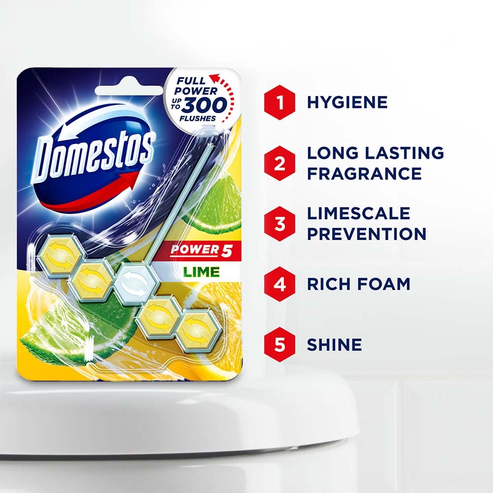 Domestos Toilet Rim Block with Power of 5, Lime, Limescale Removal with Long Lasting Fragrance, Provides Hygiene & Shine, 55 gm