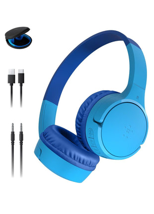 Belkin SoundForm Mini - Wireless Bluetooth Kids Headphones, 30H Battery, 85dB Safe Volume Limit, Built-in Microphone - Toddler On-Ear Earphones for iPhone, iPad - Ideal for School - Blue w/Case