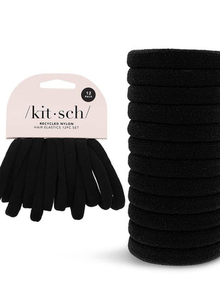 Kitsch Black Hair Ties No Damage - Strong, Stretchy Hair Bands | Soft Nylon Ponytail Holders, Snag-Free Rubber Bands, Perfect for Updos & Braids - Black, 12pcs