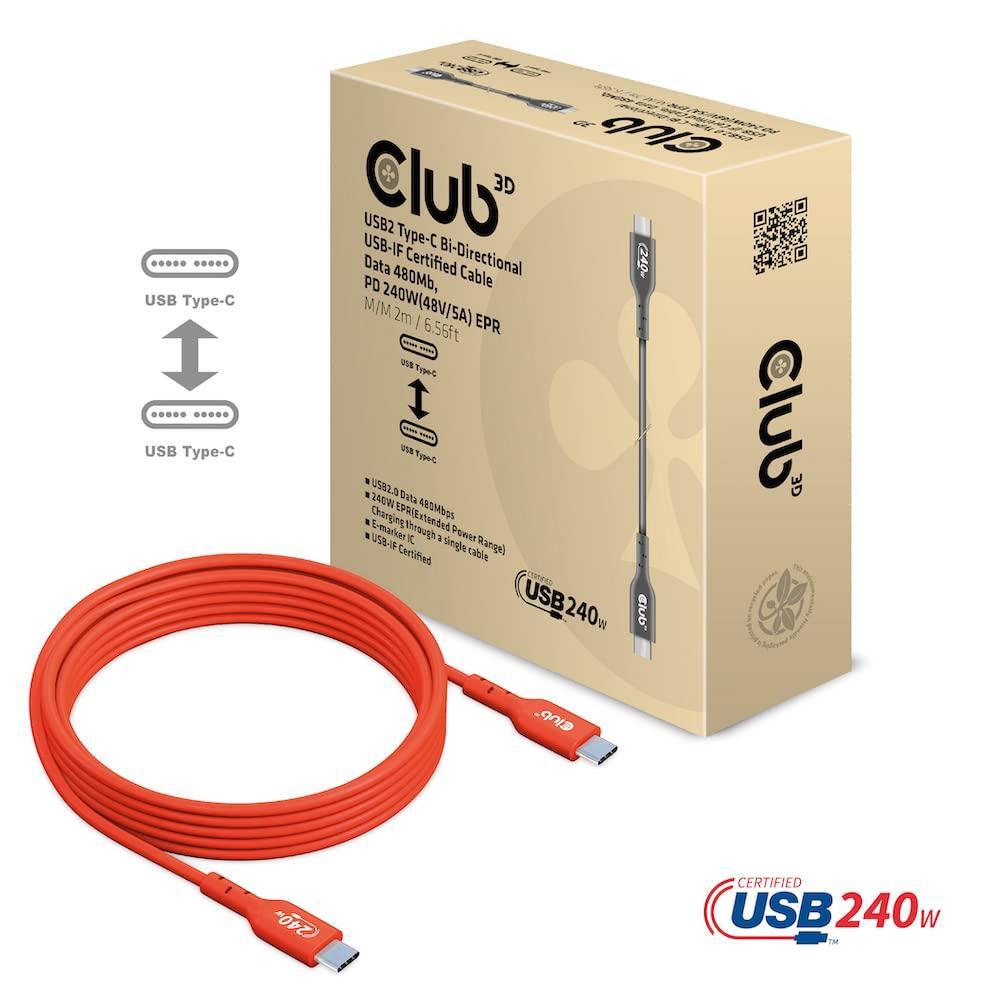Club 3D CAC-1573 USB2 Type C to Type C Certified Bi-Directional Cable with 240W Charging, 480Mb Data Transmission EPR 2m - 6.56ft