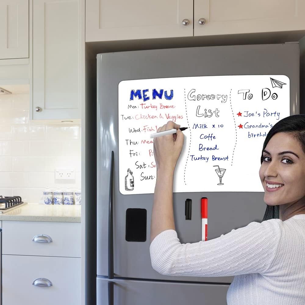 ANLIOTE Magnetic Dry Erase Board Fridge White Board Sheet 20x13 inch, Flexible Large Refrigerator Magnets Whiteboard Planner for Home Kitchen, 2 Markers and Eraser