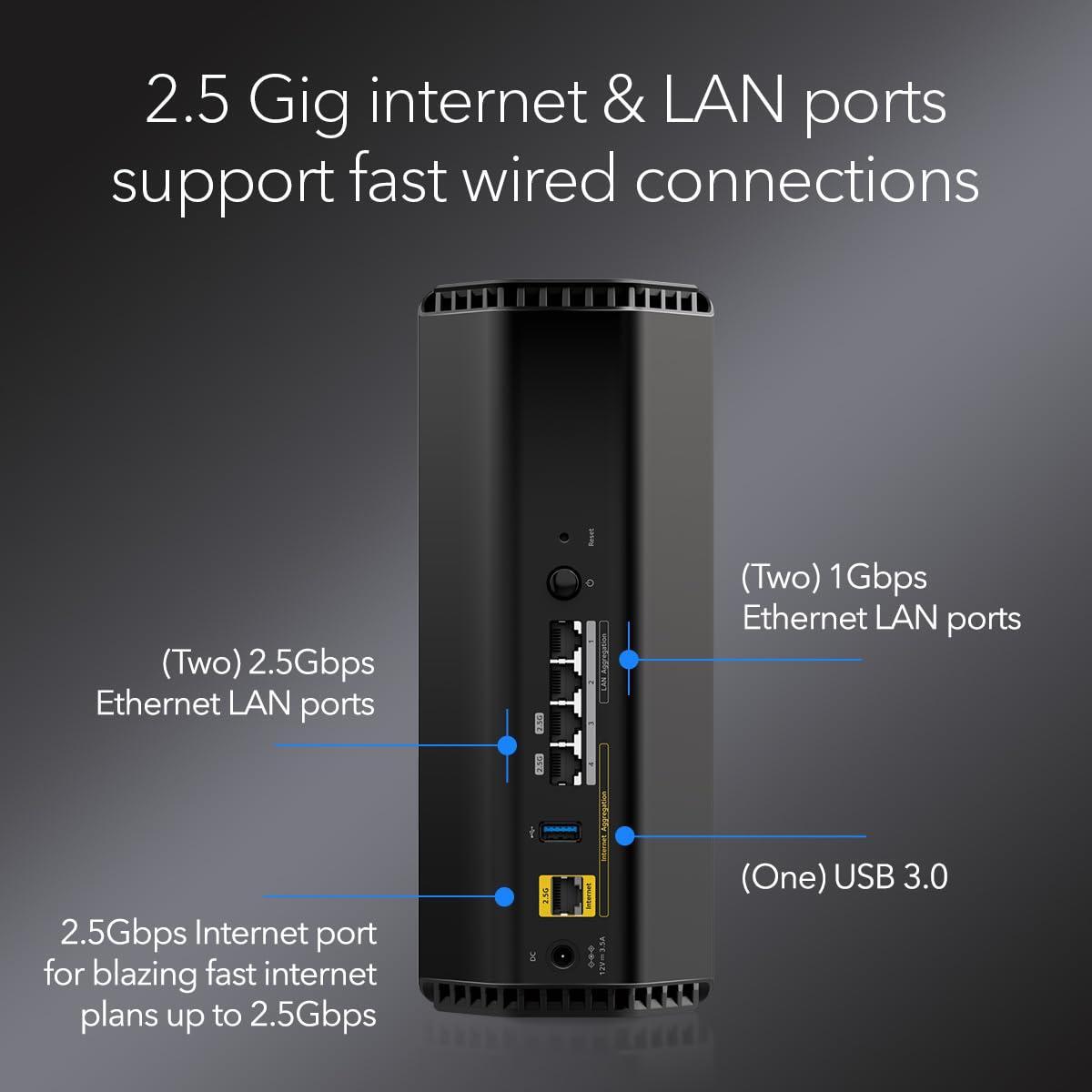 NETGEAR Nighthawk Tri-Band WiFi 7 Router (RS300) - Security Features, BE9300 Wireless Speed (up to 9.3 Gbps) - Covers up to 2,500 sq. ft., 100 Devices - 2.5 Gig Internet Port - Free Expert Help
