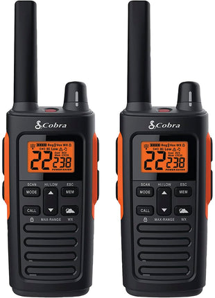 Cobra RX680 Walkie Talkies (2-Pack) - Rugged & Splashproof Two Way Radios Long Range, IP54 Water Resistant Design, 60 Pre-Programmed Channels, Weather Alerts, Included Charging Dock (Black/Orange)