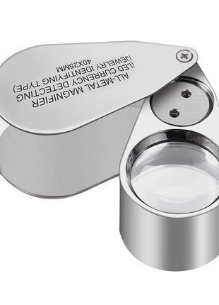 40X Full Metal Illuminated Jewelry Loop Magnifier, XYK Pocket Folding Magnifying Glass Jewelers Eye Loupe with LED(LED Currency Detecting/Jewelry Identifying)