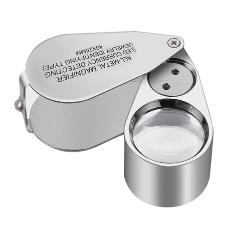 40X Full Metal Illuminated Jewelry Loop Magnifier, XYK Pocket Folding Magnifying Glass Jewelers Eye Loupe with LED(LED Currency Detecting/Jewelry Identifying)