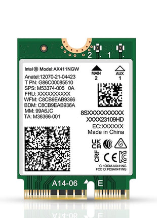 WiFi 6E Adapter for Intel AX411 | Tri-Band Wireless | Up to 3.0 Gbps | CNVio2 M.2 Format for PCs | Bluetooth 5.3 Support | for Intel 12th Gen and Newer CPUs, Windows 10/11, Linux | AX411NGW
