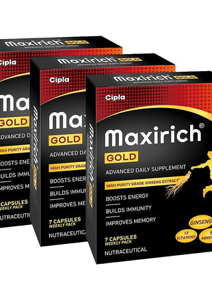 Cipla Maxirich Gold Daily Multivitamin (21 Softgels) with high purity grade Ginseng Extract*, 10 Vitamins and 9 Minerals | Boosts Energy & Immunity | Reduces Fatigue | Helps Improve Mental Alertness