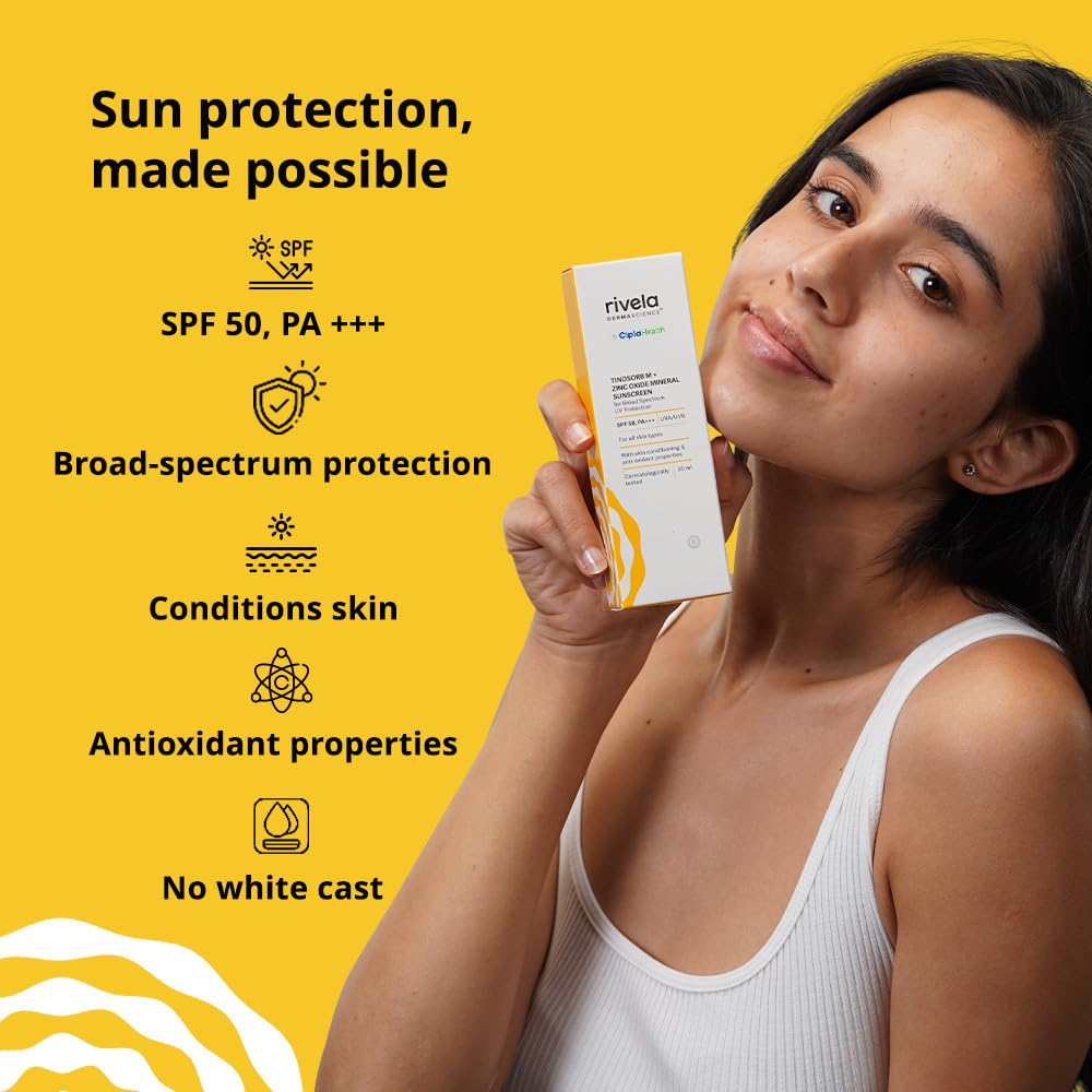 Rivela Dermascience By Cipla SPF 50, PA+++ Mineral Sunscreen Lotion With Tinosorb M, No White Cast, UVA/UVB Protection For Normal to Dry Skin, 50ml