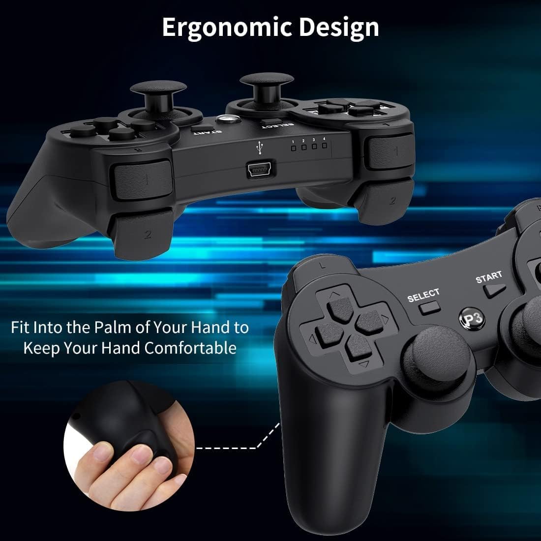 Diswoe Controller for PS-3, Wireless Bluetooth Controller Gamepad Joystick, Double Vibrating Controller for Play_station 3 with Charger Cable Cord Thump Grips