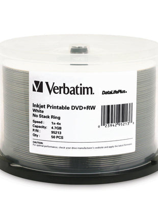 Verbatim DVD+RW Blank Discs 4.7GB 4X DataLifePlus White Inkjet Printable Recordable Discs - 50pk Spindle 95213