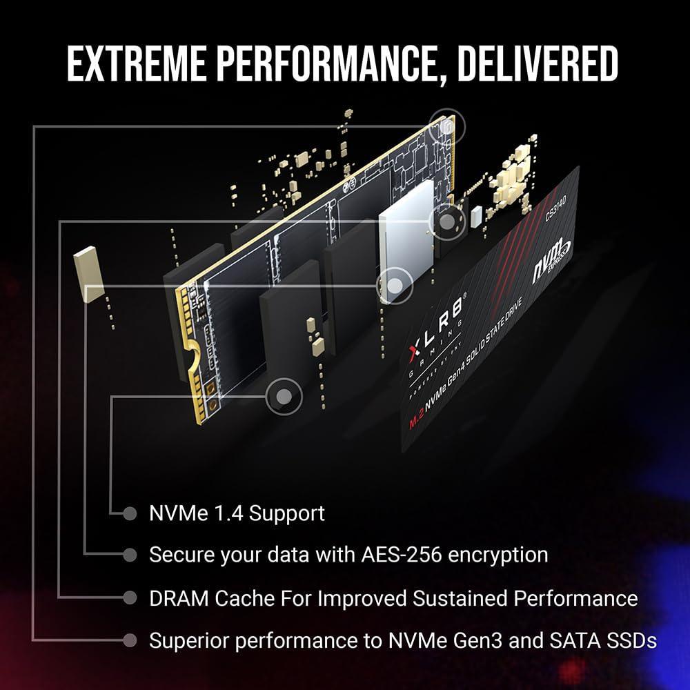 PNY XLR8 Gaming CS3140 1TB PCIe Gen4 SSD - Up to 7500/5650 MB/s, M.2 2280, 3D NAND - PS5/PC/Laptop Upgrade for Gamers, Creators, and Heavy-Duty Setups - Internal Solid-State Drive - M280CS3140-1TB-RB