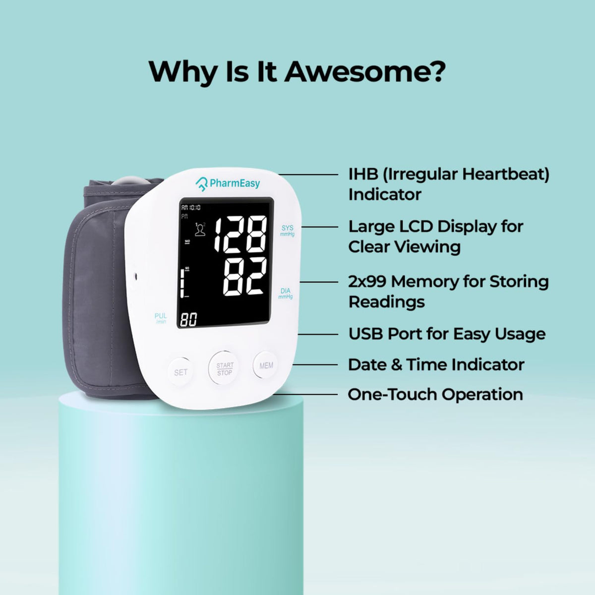 PharmEasy Digital BP Monitor - Blood Pressure Check Machine for Home & Clinic Use, Health Measuring Instrument With Adaptor, Automatic Manual Apparatus for Accurate BP Monitoring, Compact & Reliable