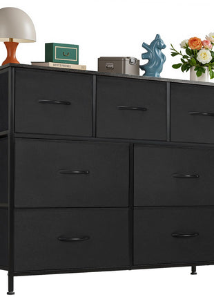 OLIxIS 7 Drawers Dresser for Bedroom, Fabric Storage Tower for Living Room, Entryway   Sturdy Steel Frame, Wooden Top & Easy Pull Fabric Bins, Closet Chests Organizer for Clothes, Black