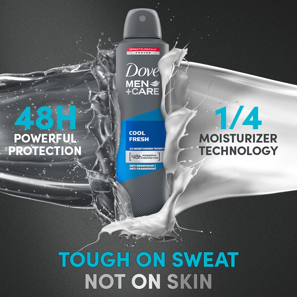 Dove Men+Care Cool Fresh Dry Spray Antiperspirant Deodorant, Up To 48 hrs Protection From Sweat & Odour, Instantly Dry for Cleaner Feel, Dermatologically Proven Formula, Soothes & Moisturises Skin, Clean, Refreshing Scent, 250ml (Pack of 2)