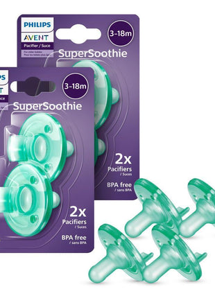 Philips Avent Soothie Orthodontic Baby Pacifiers, 100% Silicone Pacifiers, One Piece, BPA-Free, for Babies 3-18 Months, Green, 4 Pack, Model SCF192/45