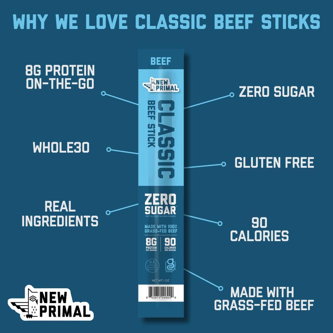The New Primal Grass Fed Beef Sticks, Keto, Gluten Free Healthy Snacks for Adults, Sugar Free Low Carb High Protein Snack, Paleo Whole30 Jerky Meat Stick, 8g Protein, 90 Calories, 20 Pack