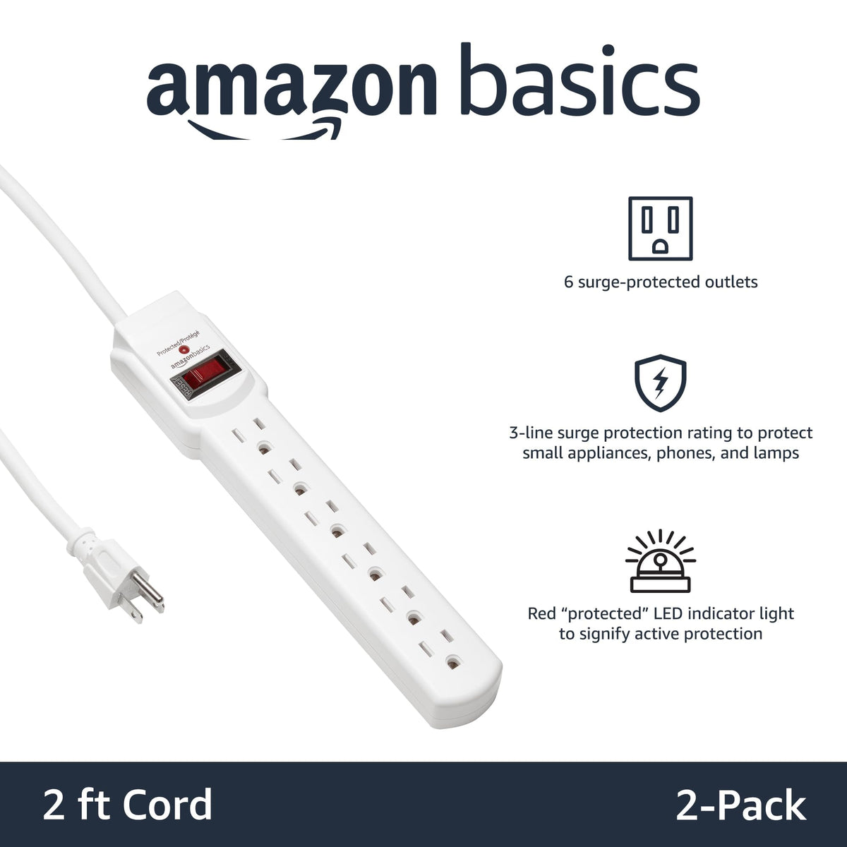 Amazon Basics Surge Protector Power Strip, 6-Outlet with 200J Protection, 2ft Extension Cord, Rectangle, White (2 Pack)