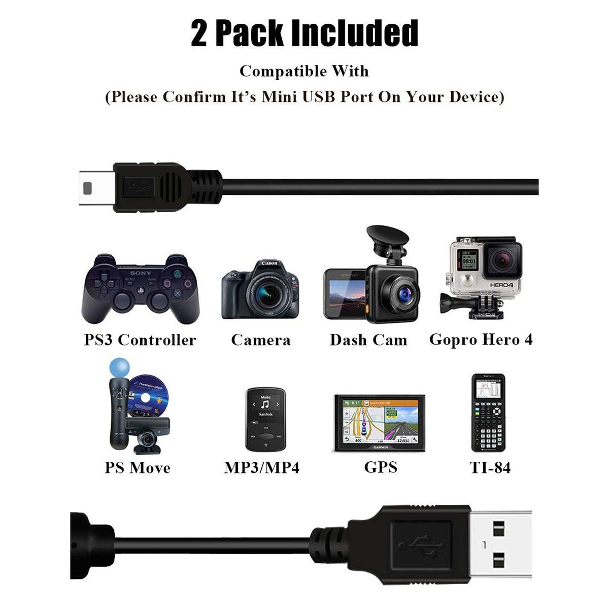 Drimoor 2 Pack 10ft PS3 Controller Charger Cable - Fast Mini USB Data Charging Cord for PS Move PlayStation 3 Wireless Controller, TI84 Plus CE, Digital Camera