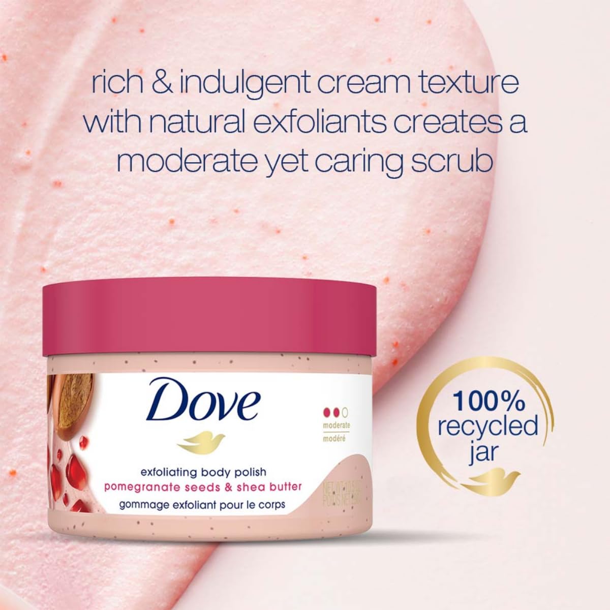 Dove Body Polish Exfoliating Scrub, Moisturizing Shea Butter and Pomegranate Seeds | Nourishes & Conditions Soft Skin | Sulphate Free, 298gm