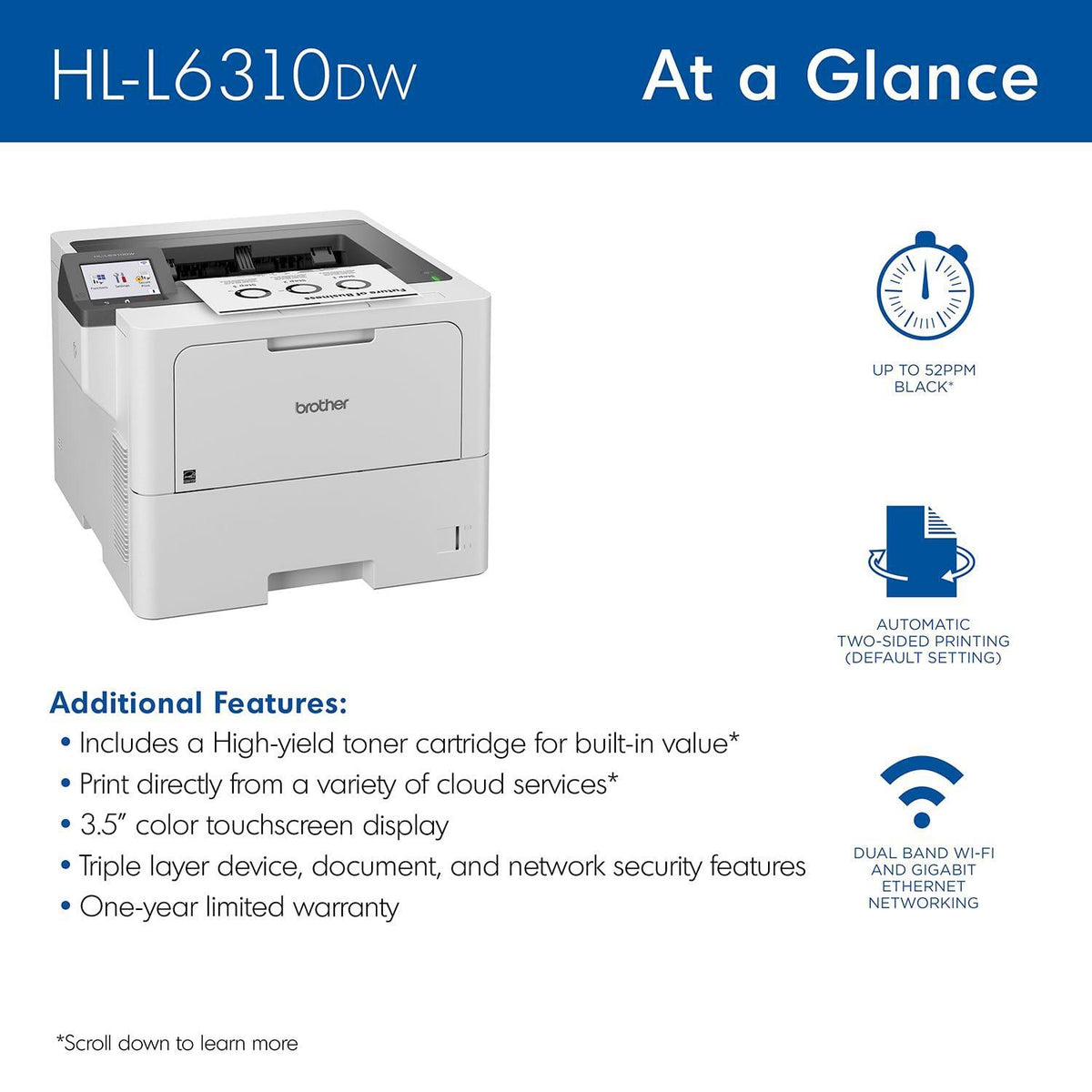Brother HL-L6310DW Enterprise Monochrome Laser Printer with Low-Cost Printing, WirelessNetworking, and Large Paper Capacity, Works with Alexa