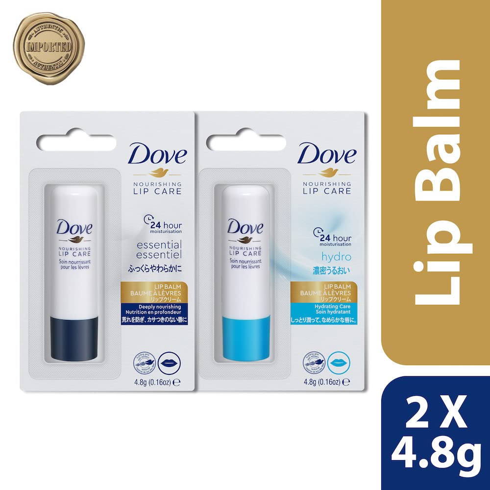 Dove Essential & Hydro Nourishing Lip Care Balm, 24hr Hydration, 4.8g (Pack of 2)