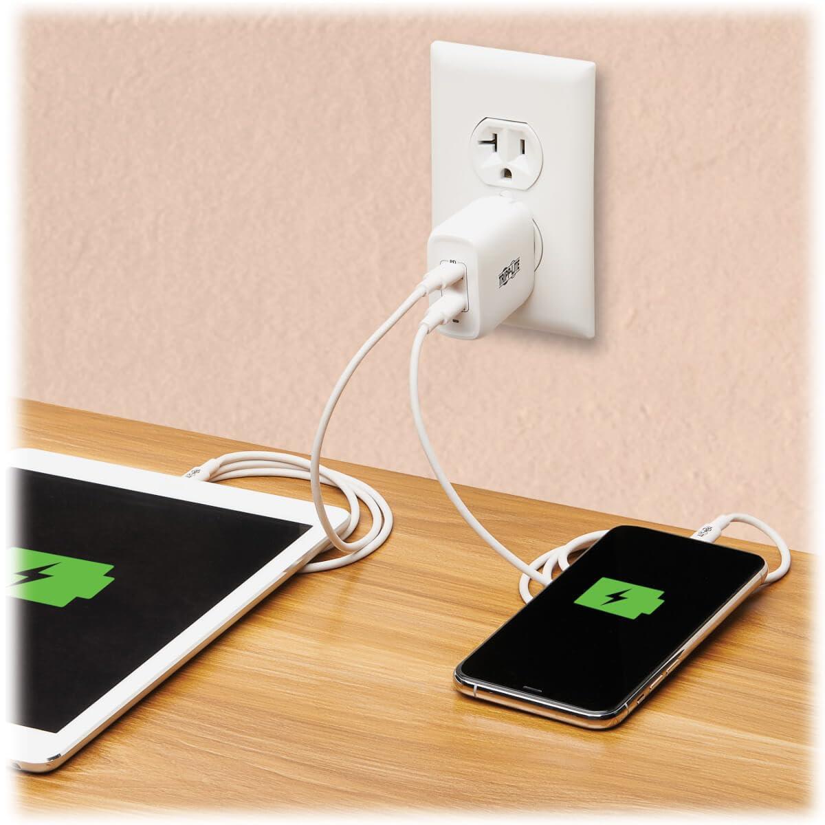 Tripp Lite USB-C Dual-Port Wall Charger, Compact Travel Size Folding Plug, USB 3.0, 40W Power Delivery Charging, Temperature Cooling Gallium Nitride Technology, 2-Year Warranty (U280-W02-40C2-G)