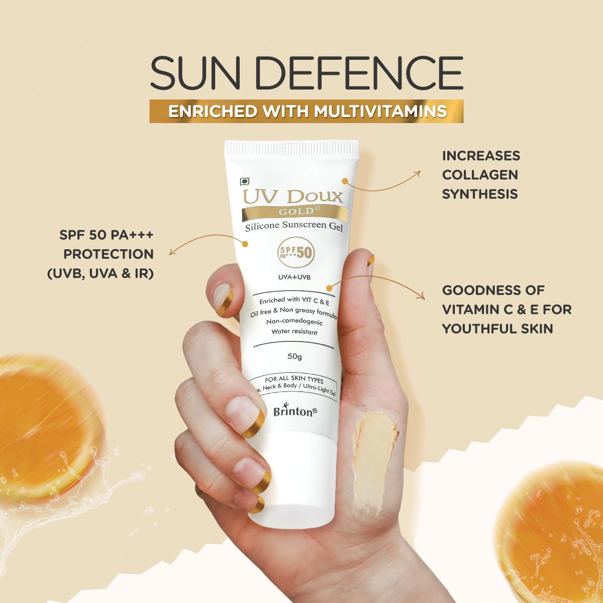 Brinton UV Doux Gold Silicone Sunscreen Gel SPF 50 pa+++ UVA/UVB With Broad Spectrum, Water Resistant Best SPF Sunscreen For Women, 50 g