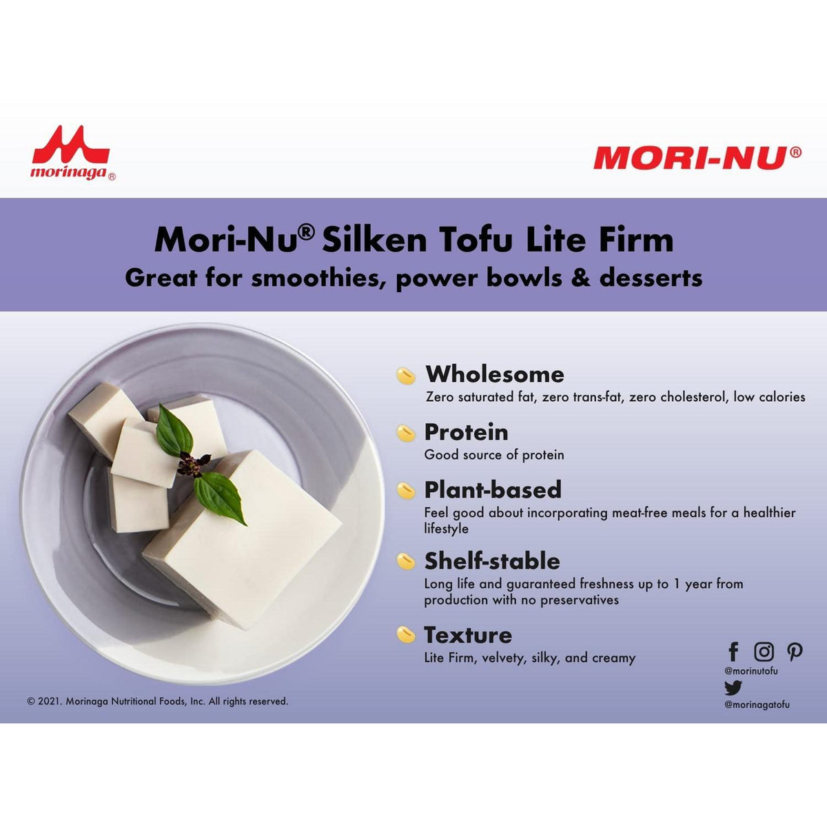 "Mori-Nu Silken Tofu Lite Firm | Velvety Smooth and Creamy | Low Fat, Gluten-Free, Dairy-Free, Vegan, Made with Non-GMO soybeans, KSA Kosher Parve | Shelf-Stable | Provides protein | 10.8oz x12 Packs"