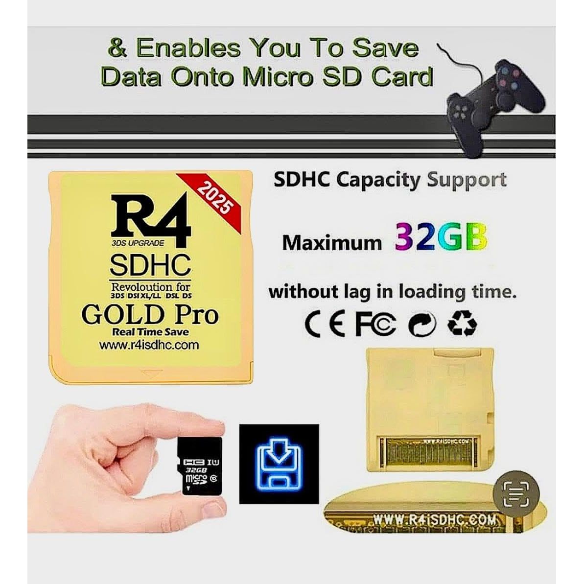 R4 SDHC Gold Pro Adapter with 32 GB Micro SD with YS Menu with 500 in 1 Will Work On DS DSI DSIXL 2DS 2DSXL 3DS 3DSXL